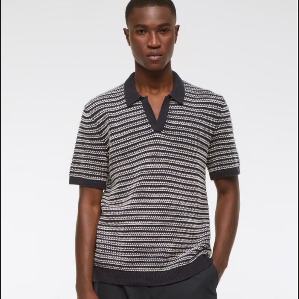 Abercrombie & Fitch Navy and White Striped Knit Polo Shirt